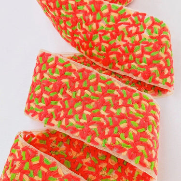 Beige Sheer Tissue Fabric Trim With Cotton Thread Embroidery In Tomato Red, Green And Nude, Fabric Lace